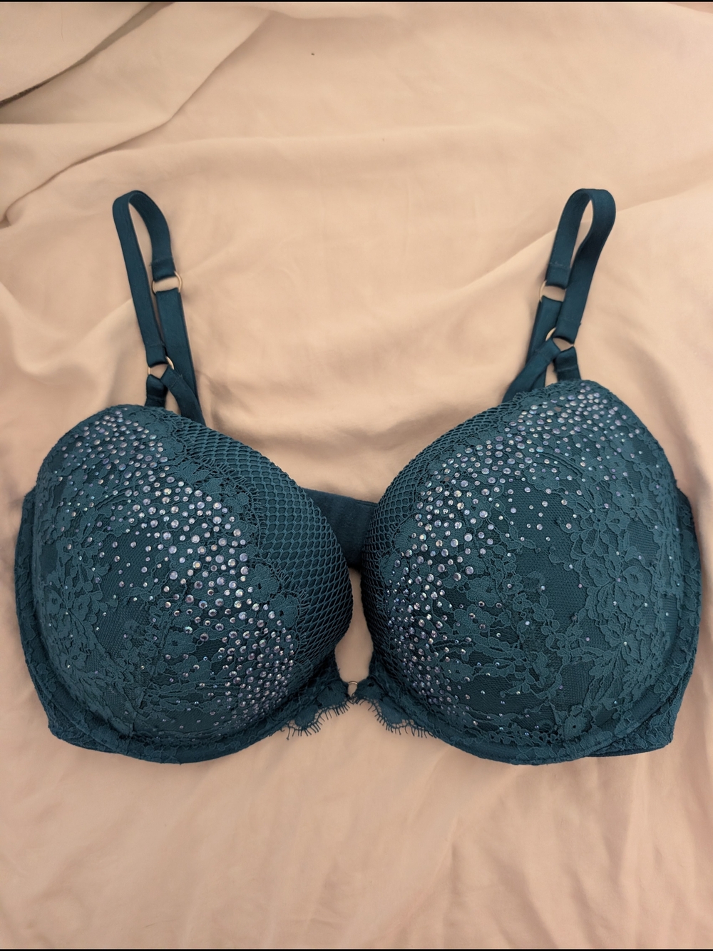 Teal Lace Vintage Victoria's Secret Push-Up Bra with Sequin Detail